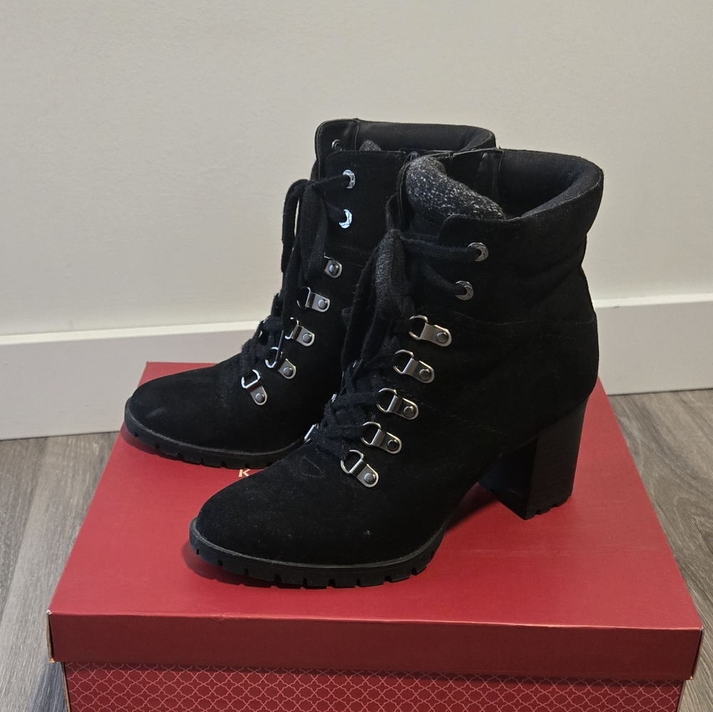 Kelly & Katie Black Suede Heeled Combot Boots